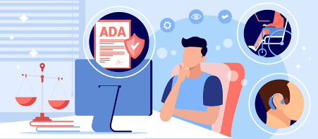 A person sitting at a desk thinks about ADA compliance, surrounded by icons representing accessibility for disabilities.